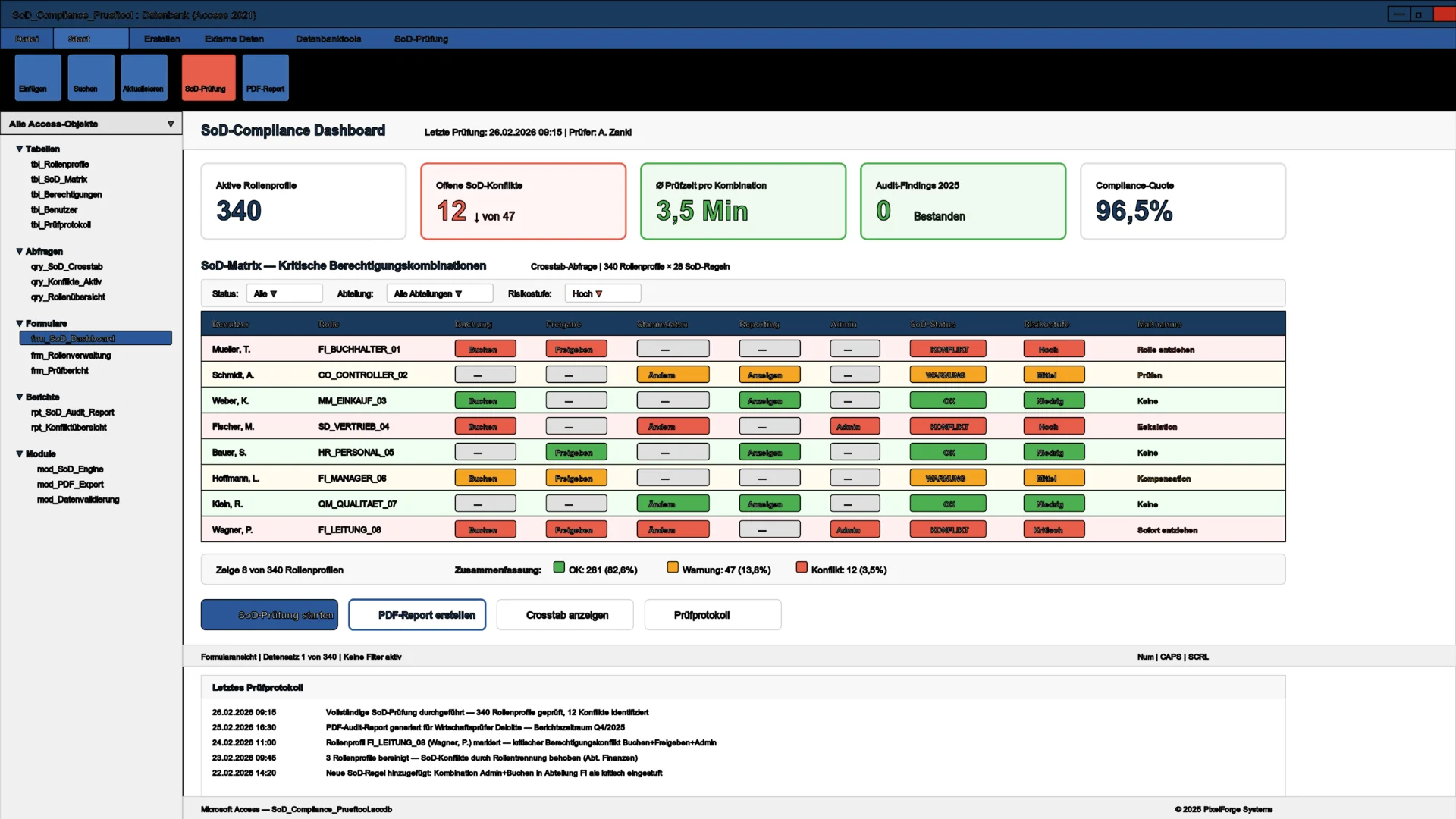 SoD-Compliance-Tool für 340 Rollenprofile — SAP MS Access / VBA Screenshot